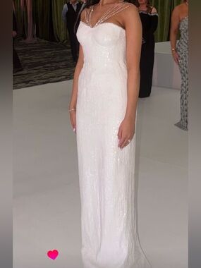 Strapless White Sequin Evening Gown with Beaded Illusion Straps